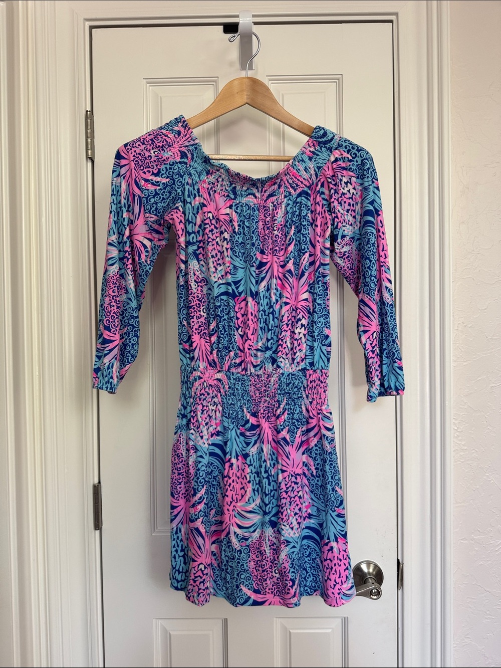 Lilly Pulitzer Pink & Blue Tropical Off-Shoulder 3/4 Sleeve Romper Dress